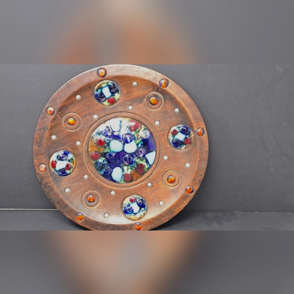 Vintage Teak? Wall Plate With Enamel On Copper Inlays